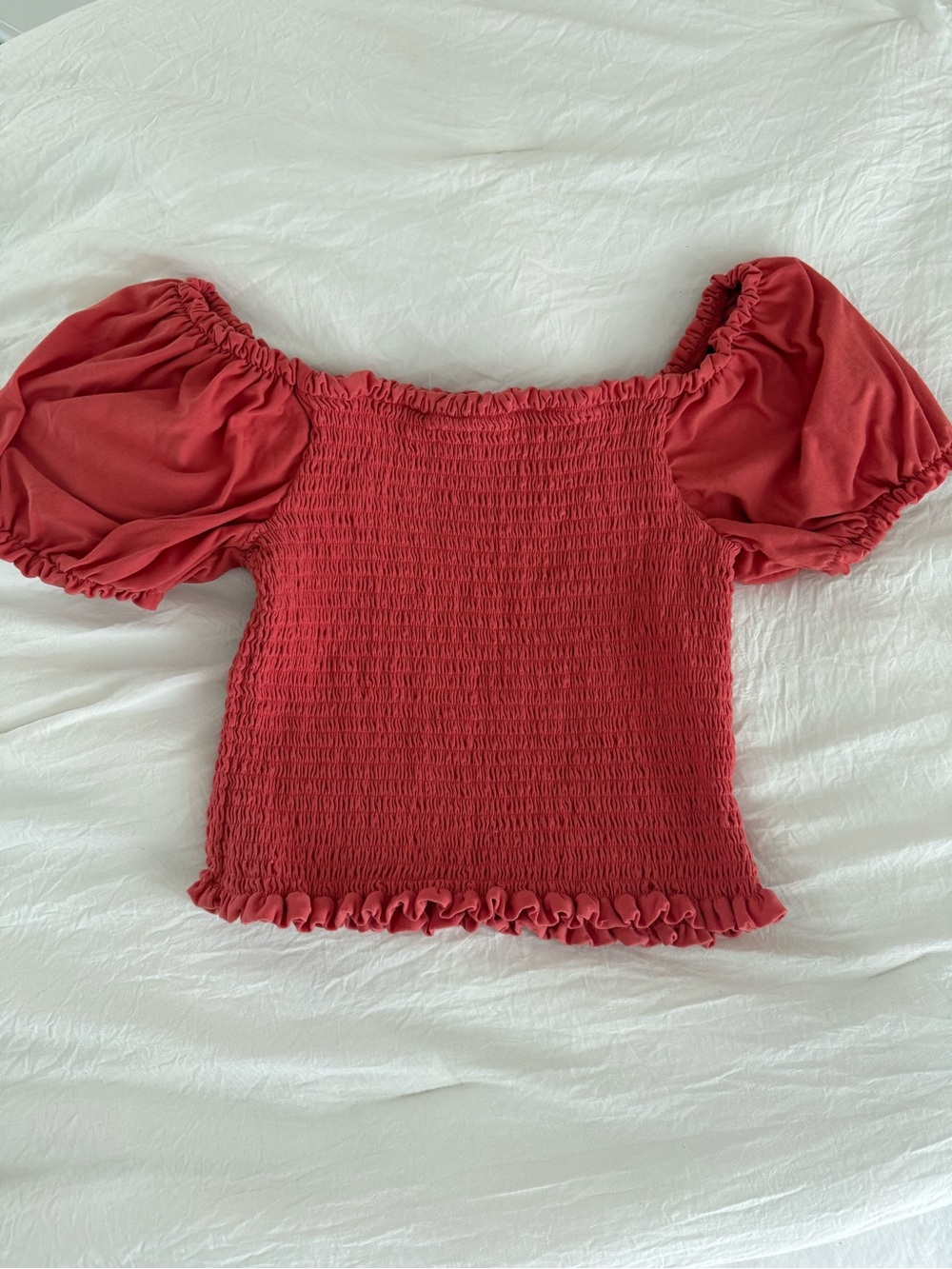 Planet Gold Red Smocked Puff-Sleeve Crop Top